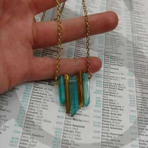 Gold teal turquoise geode crystal chain necklace